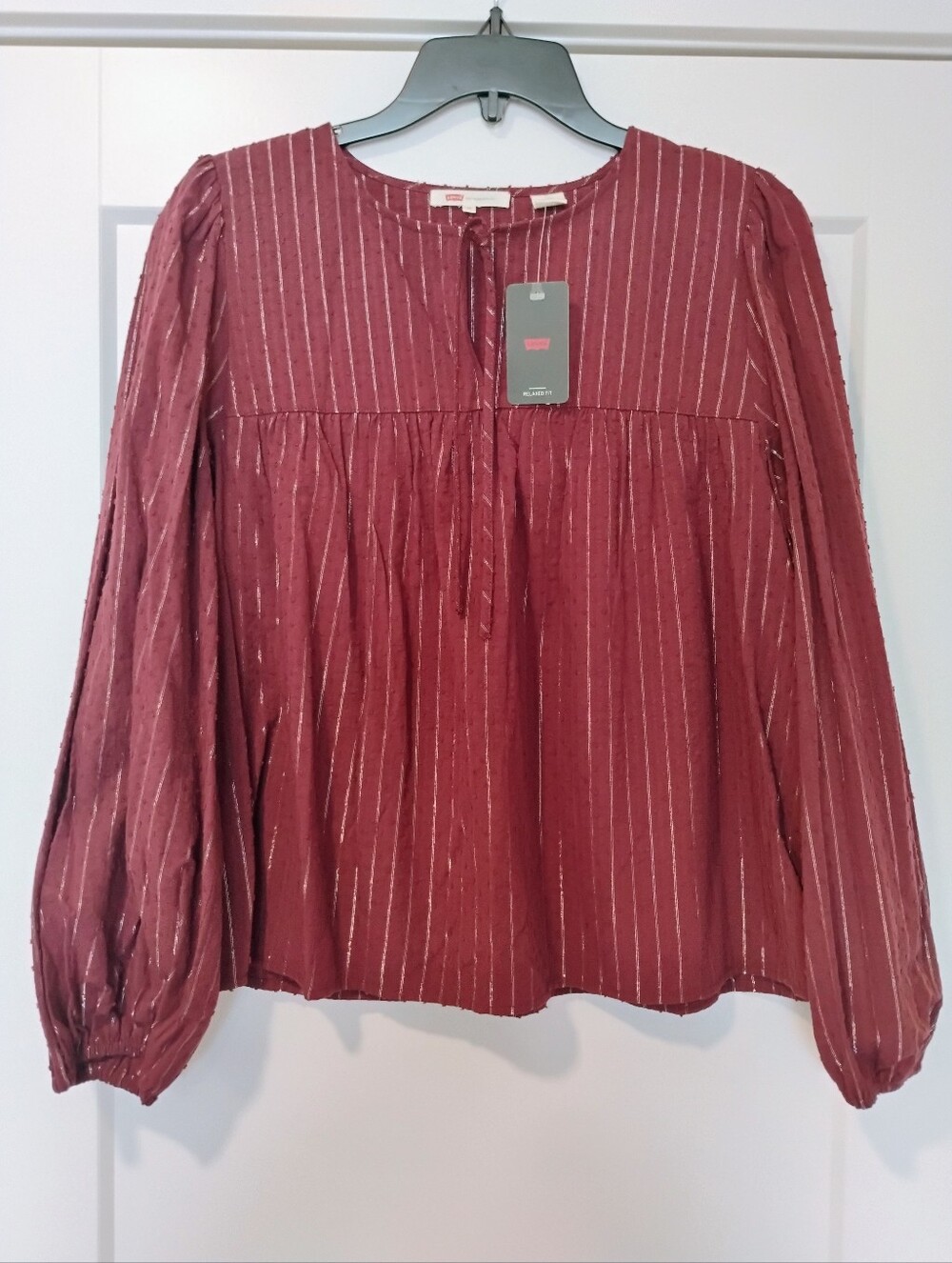 NWT M Levi's Maroon Tie Neck Clip Dot Babydoll Long Puff Sleeve Top Blouse NEW